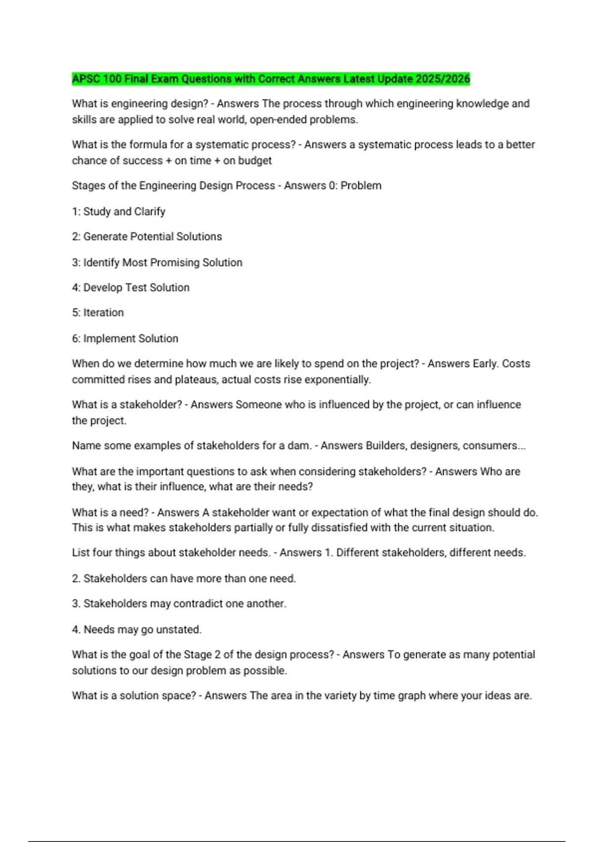 APSC 100 Final Exam Questions with Correct Answers Latest Update 2025/ ...