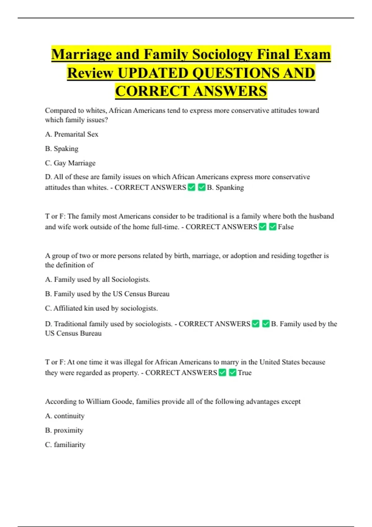 Marriage and Family Sociology Final Exam Review UPDATED QUESTIONS AND ...
