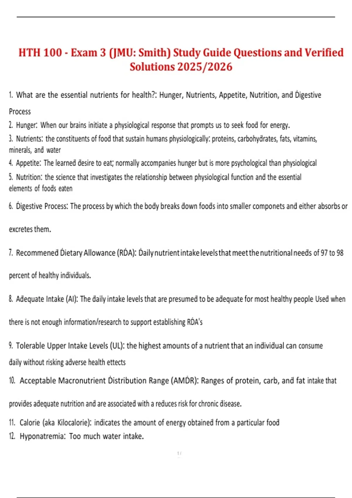 HTH 100 – Exam 3 (JMU: Smith) Study Guide Questions and Verified ...