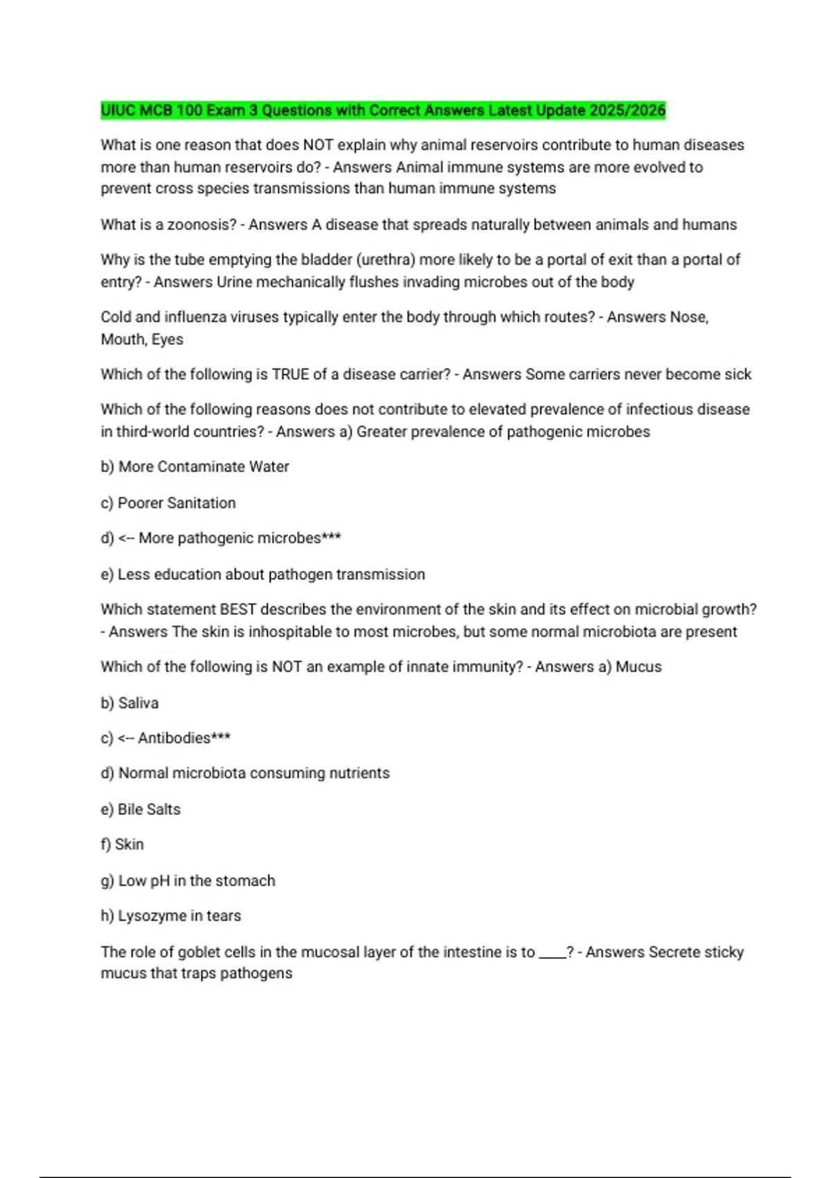 UIUC MCB 100 Exam 3 Questions with Correct Answers Latest Update 2025/ ...