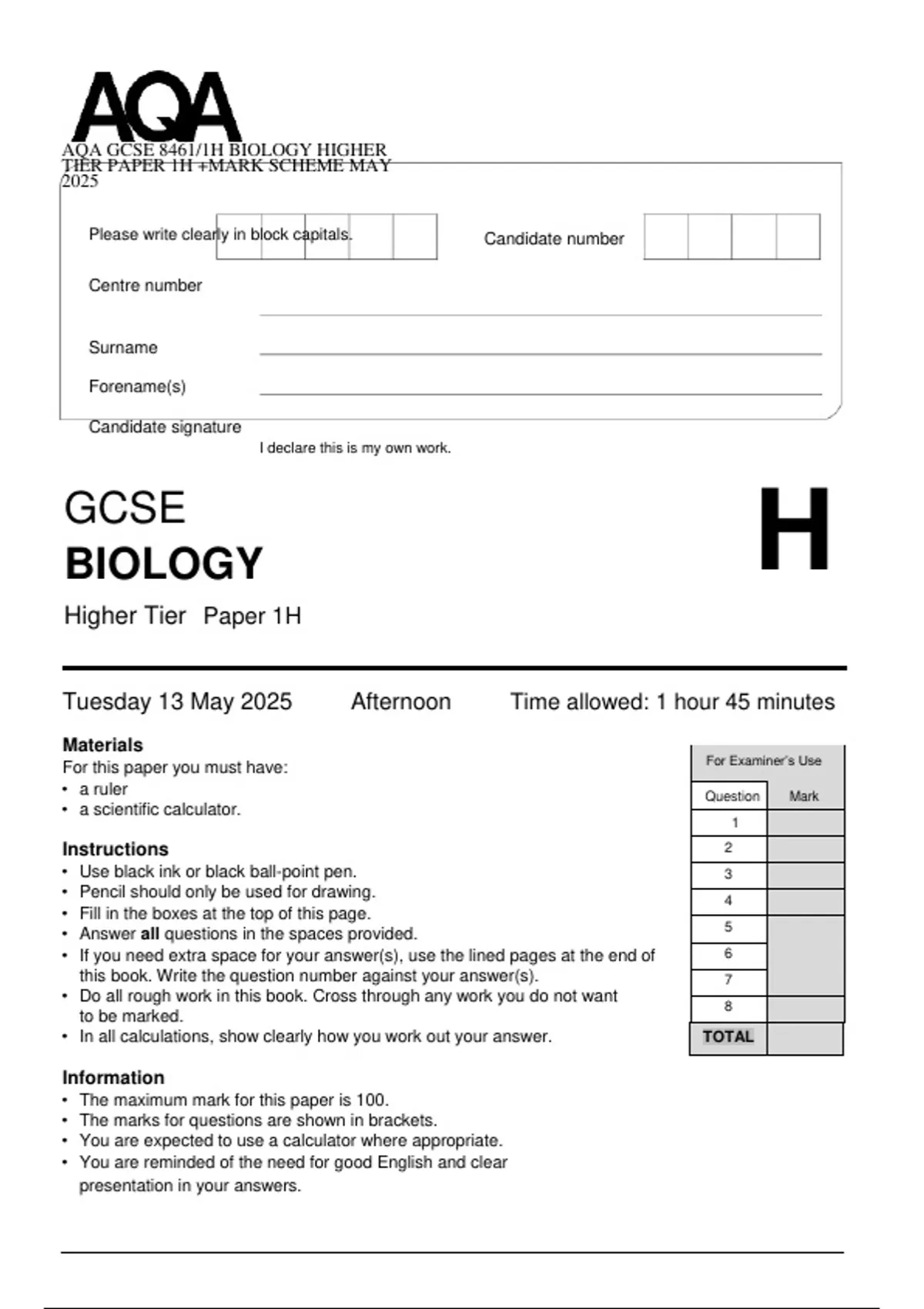 AQA GCSE 8461/1H BIOLOGY HIGHER TIER PAPER 1H +MARK SCHEME MAY 2025 ...