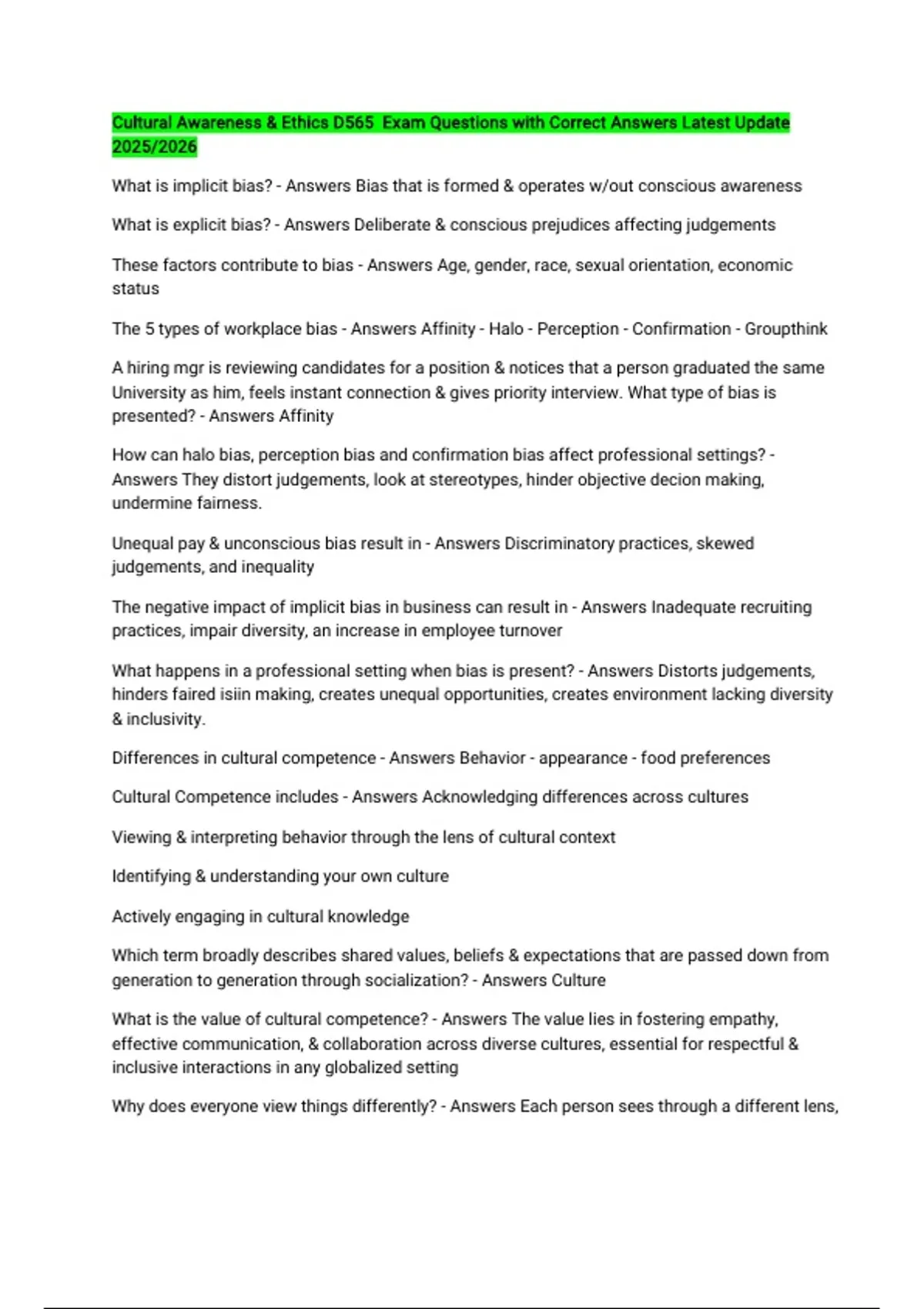 Cultural Awareness & Ethics D565 Exam Questions with Correct Answers ...