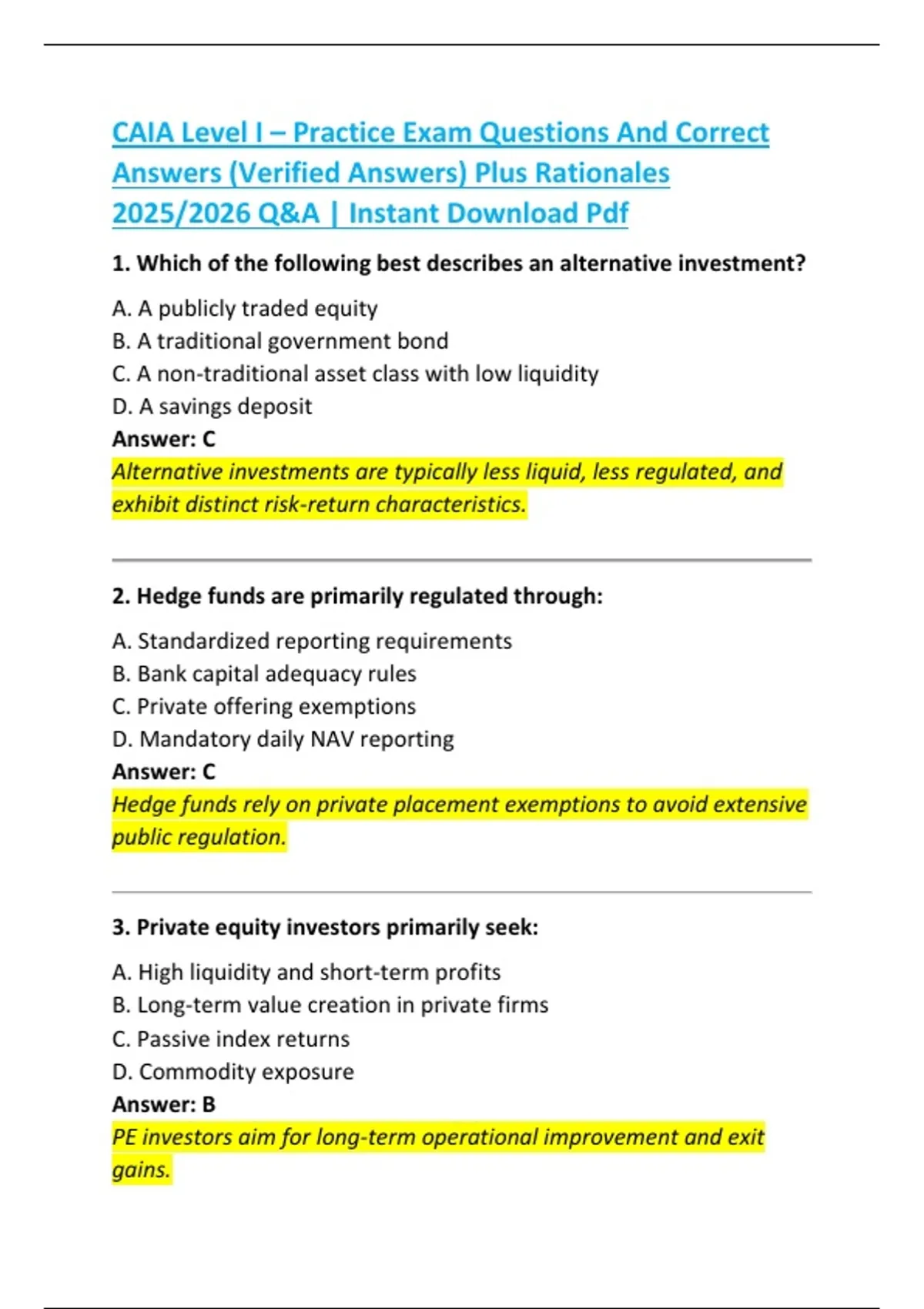 Caia Example Questions CAIA Level I – Practice Exam Questions And Correct Answers (Verified ...