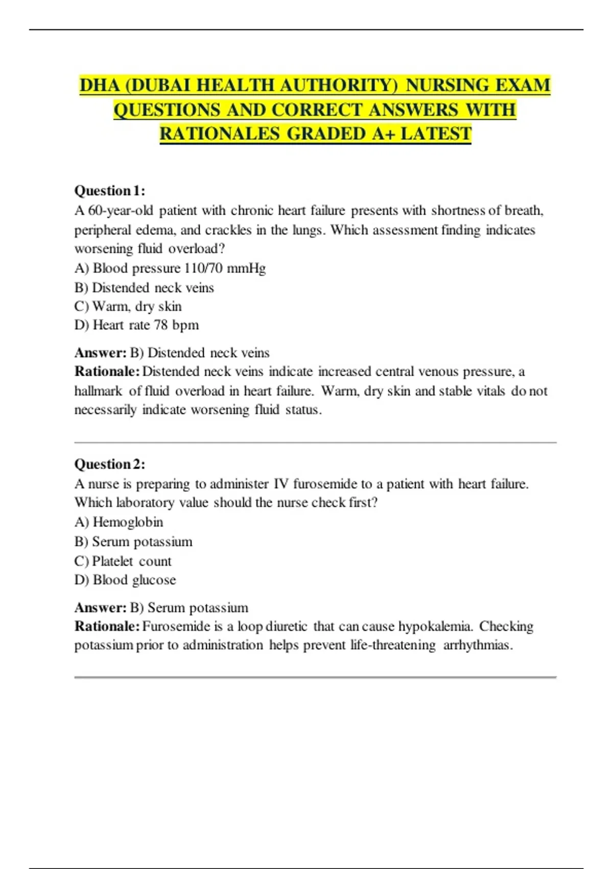 DHA (DUBAI HEALTH AUTHORITY) NURSING EXAM QUESTIONS AND CORRECT ANSWERS ...