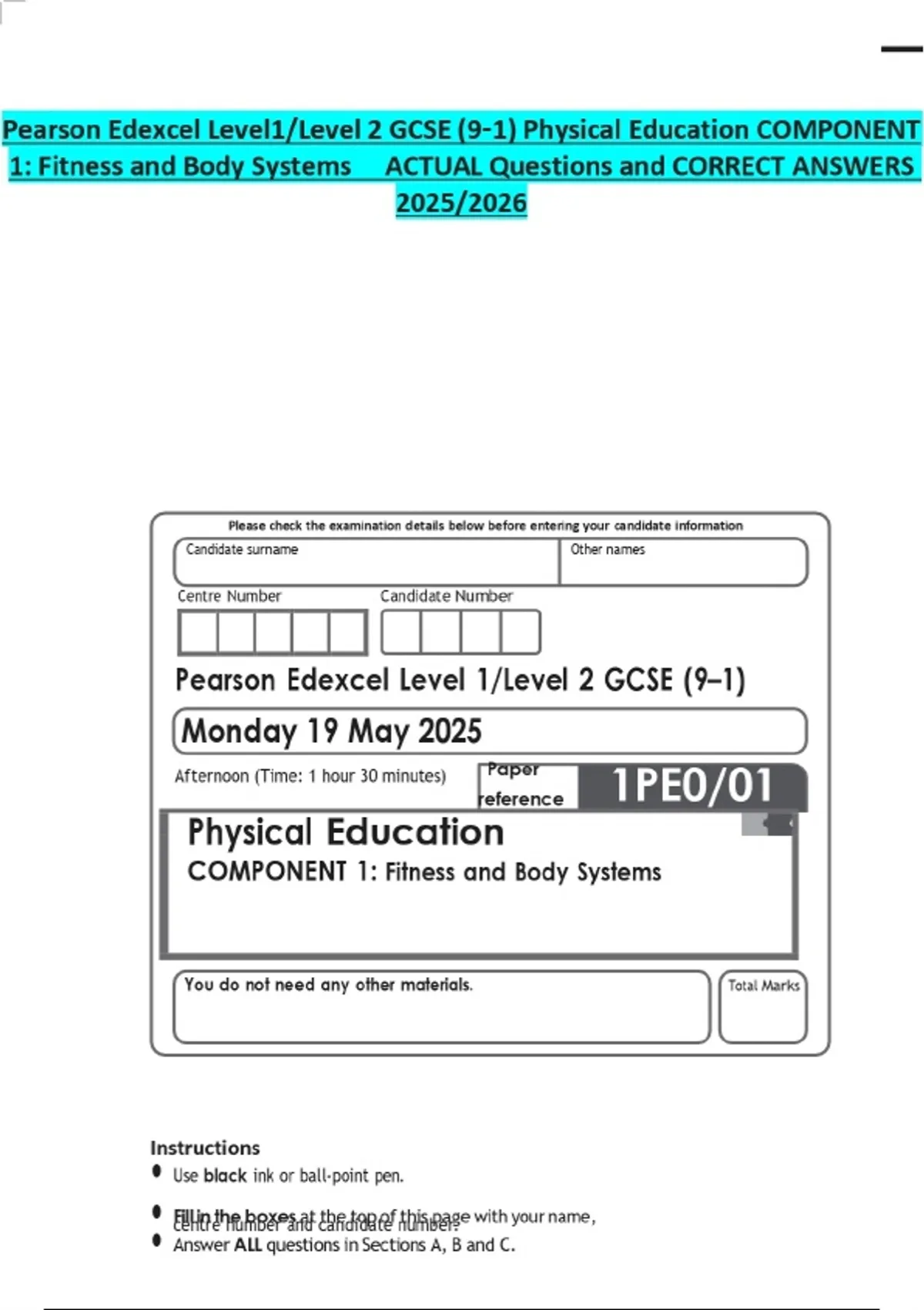 Pearson Edexcel Level1/Level 2 GCSE (9–1) Physical Education COMPONENT ...
