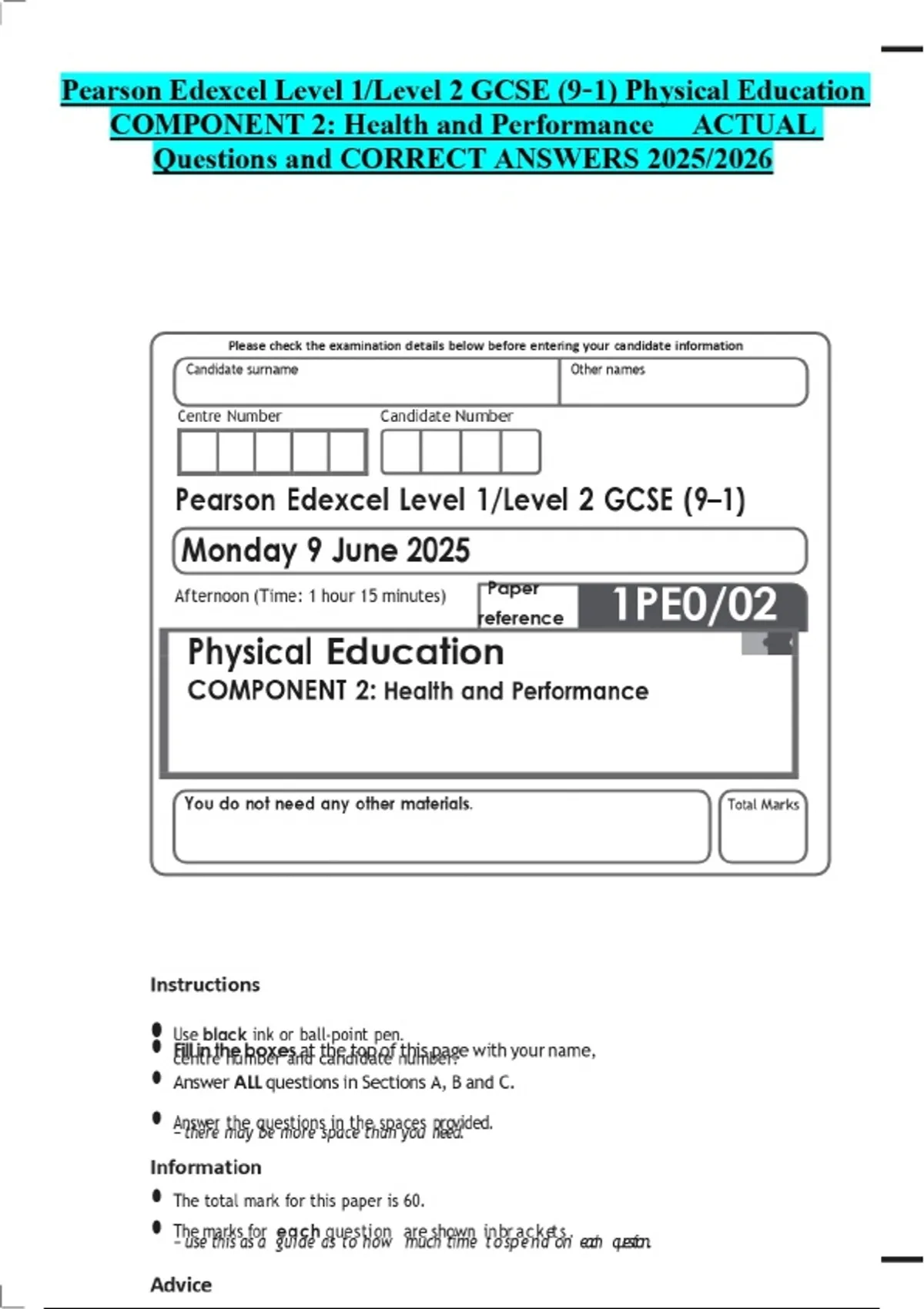 Pearson Edexcel Level 1/Level 2 GCSE (9–1) Physical Education COMPONENT ...