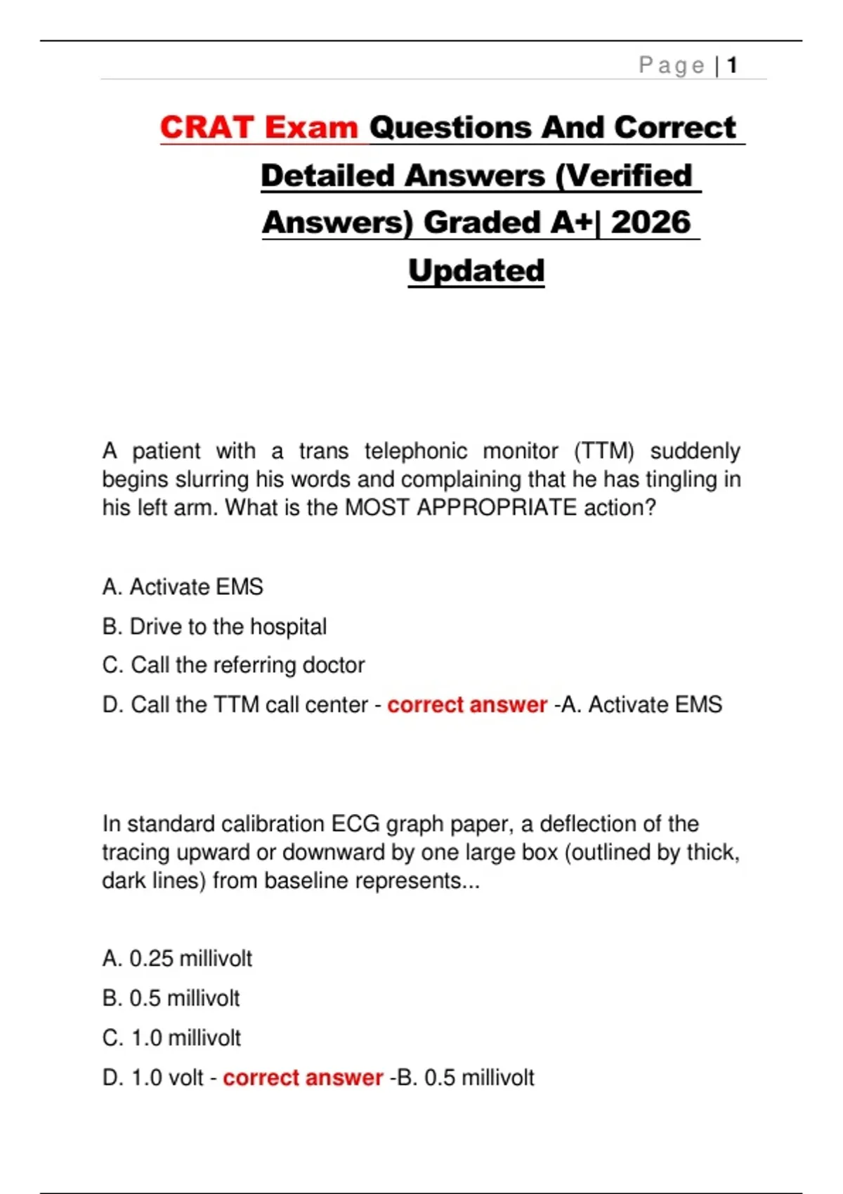 Certified Rhythm Analysis Technician (CRAT) Exam Questions And Correct ...
