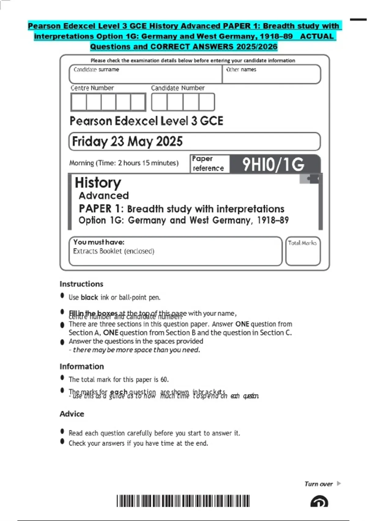 Pearson Edexcel Level 3 GCE History Advanced PAPER 1: Breadth study ...