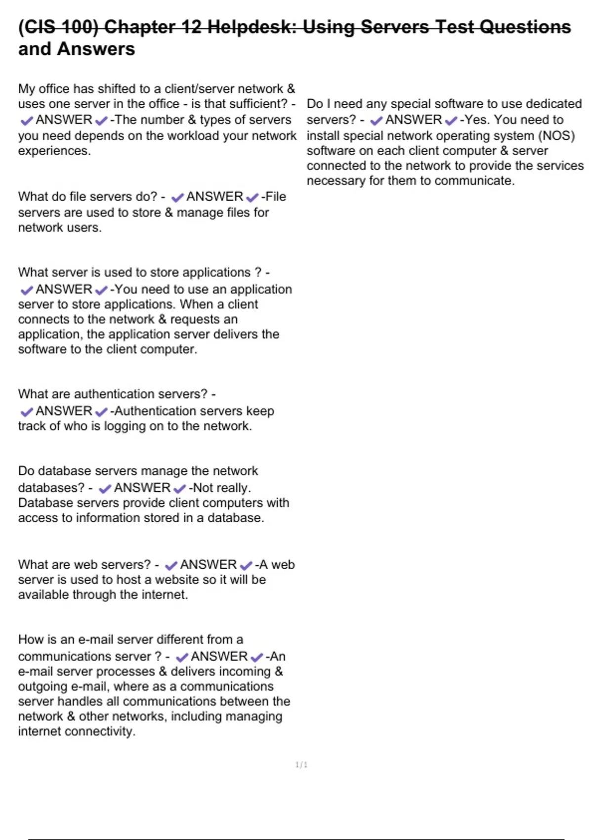 Server Test Pdf (CIS 100) Chapter 12 Helpdesk: Using Servers Test Questions and Answers ...