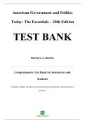 Test Bank — American Government and Politics Today: The Essentials, 20th Edition — Barbara A. Bardes, Mack C. Shelley II & Steffen W. Schmidt — ISBN 9780357458426 — Latest Update 2025/2026 — (All Chapters Covered 1–16)