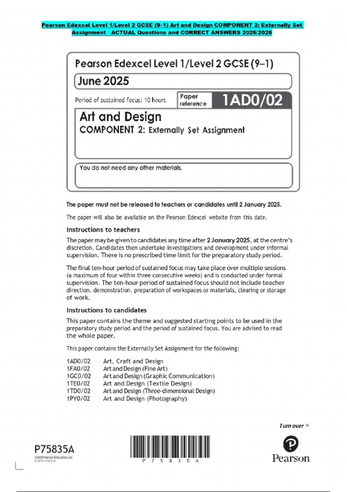 Pearson Edexcel Level 1/Level 2 GCSE (9–1) Art and Design COMPONENT 2 ...