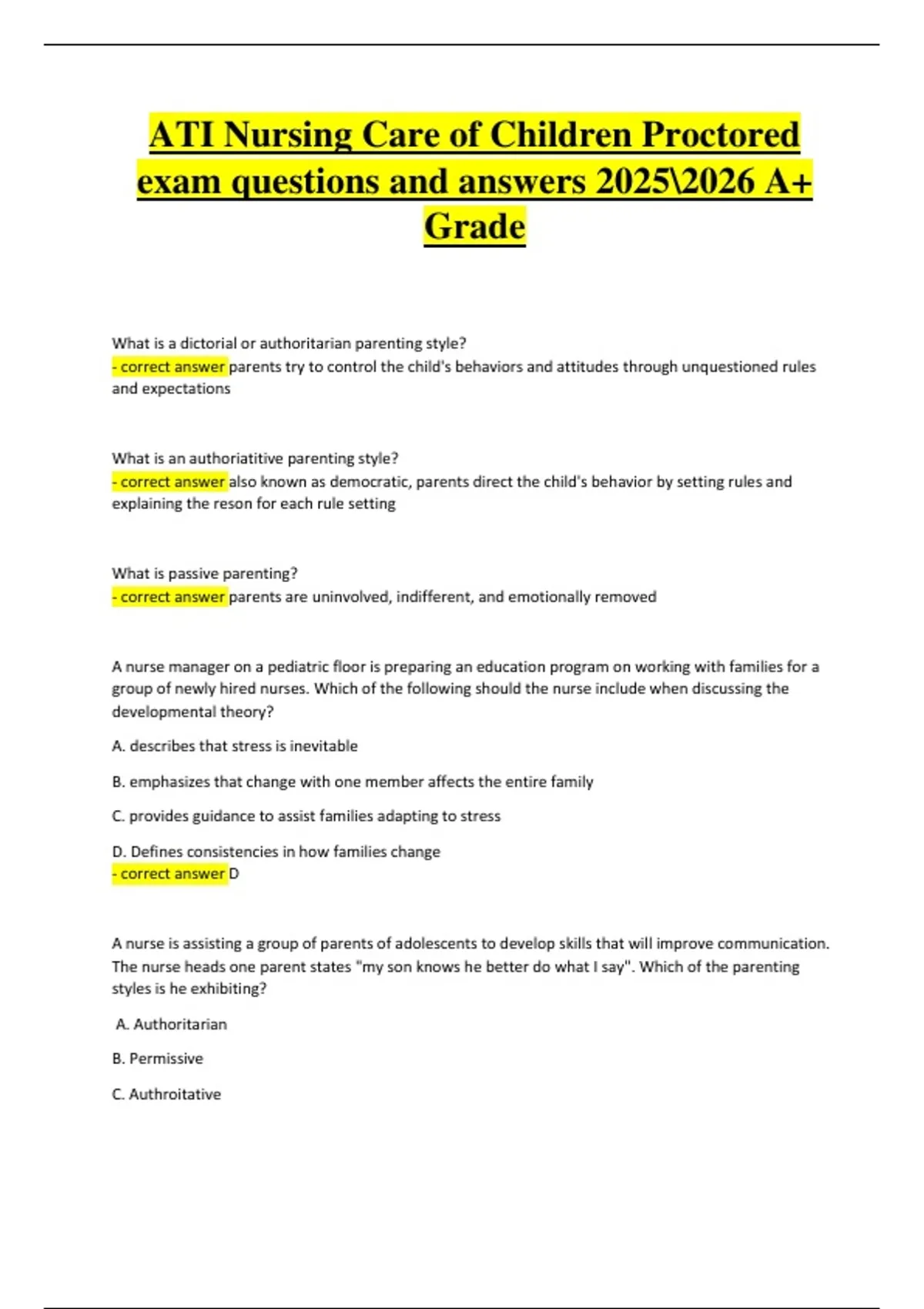 ATI Nursing Care of Children Proctored Exam – Questions and Answers ...