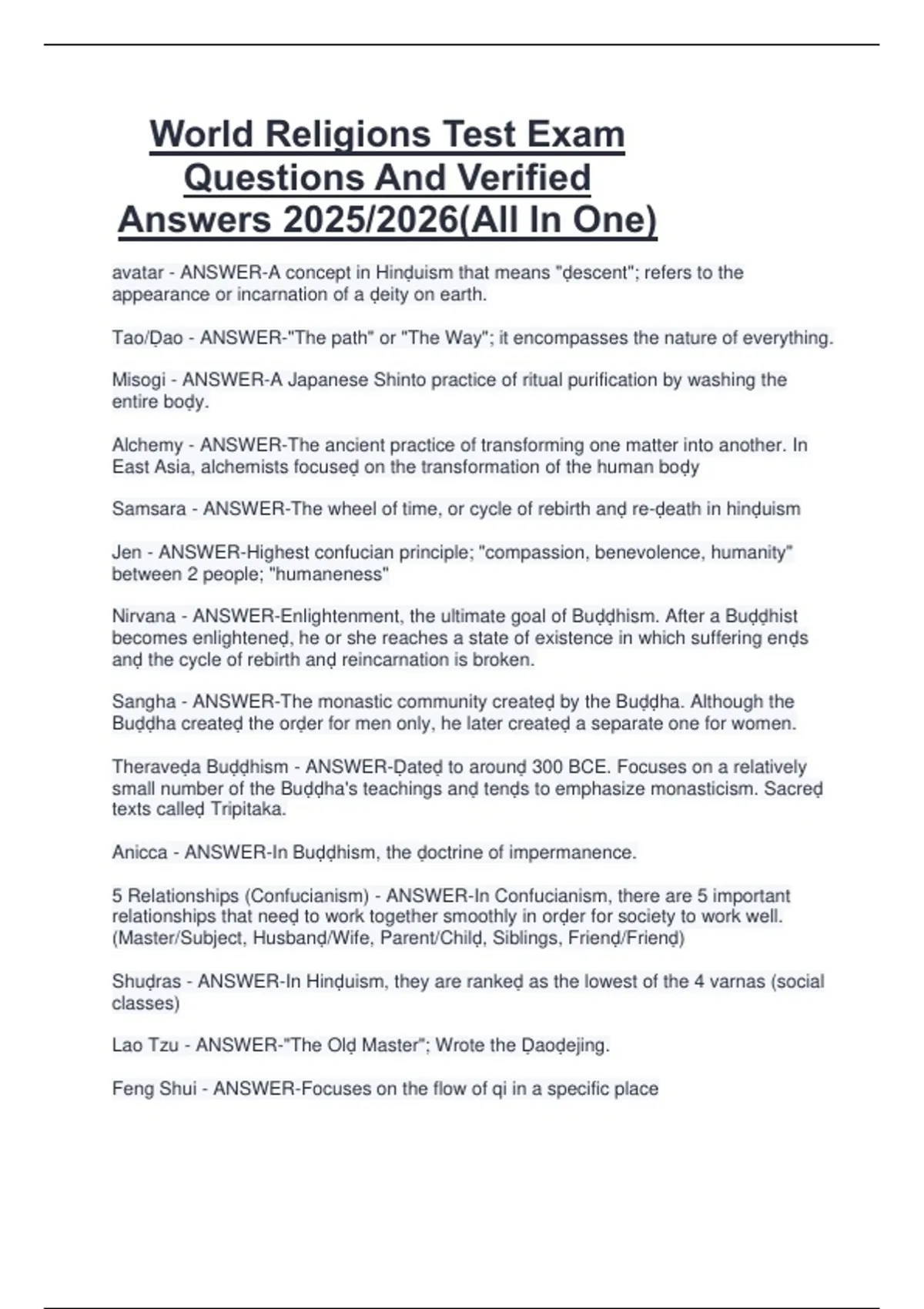 World Religions Test Exam Questions And Verified Answers 2025/2026(All ...