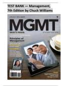 TEST BANK FOR MANAGEMENT&comma; 7TH EDITION BY CHUCK WILLIAMS &vert;&vert; ISBN&colon;NO 9780324070910 &vert;&vert;  Chapter 1-18 &vert; All Chapters &vert; Latest Test Bank 100&percnt; Veri&filig;ed Answers with rationales &vert; Complete Guide Rated A&plus;
