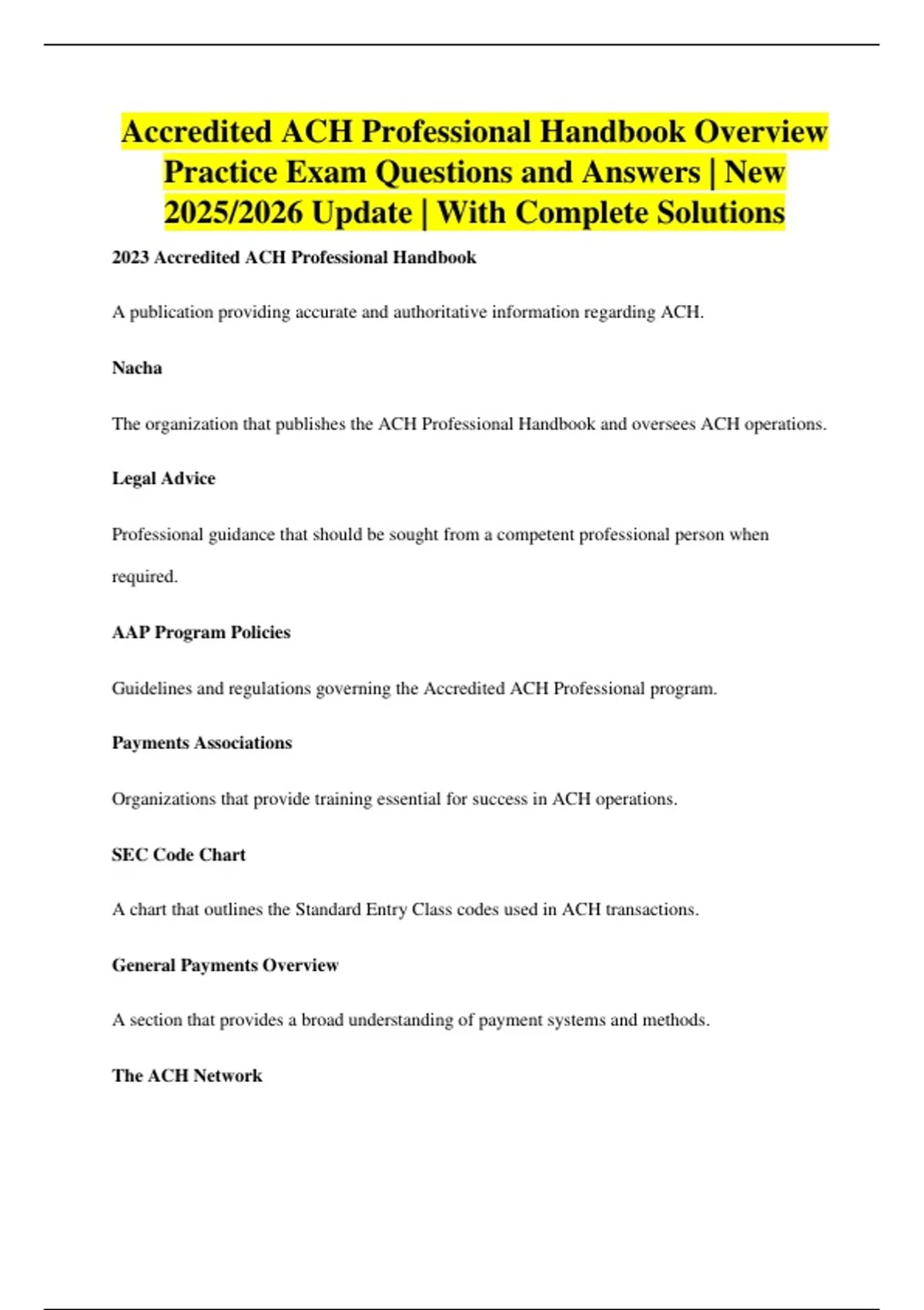 Accredited ACH Professional Handbook Overview Practice Exam Questions ...