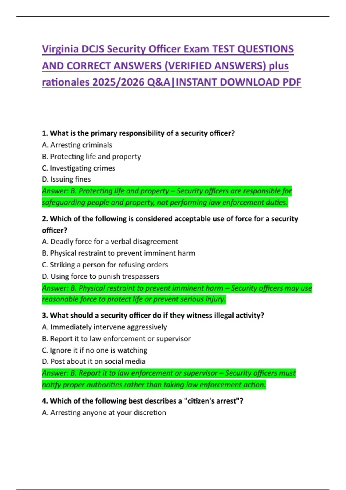 Dcjs Paper Virginia DCJS Security Officer Exam – Test Questions and Correct ...