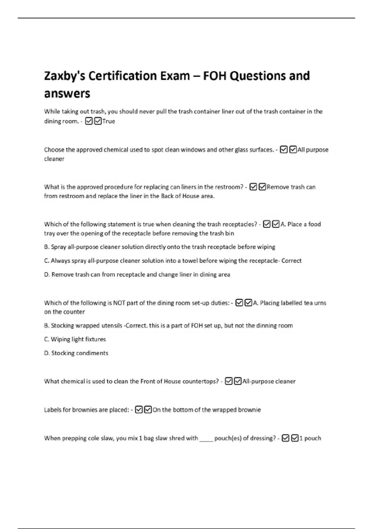 Zaxby's Certification Exam – FOH Questions and answers - Wound Care ...