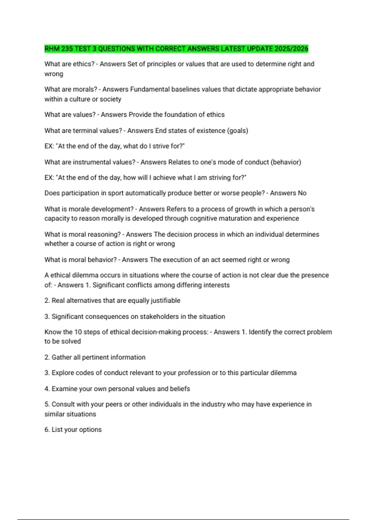 RHM 235 BUNDLED QUESTIONS WITH CORRECT ANSWERS LATEST UPDATE 2025/2026 ...