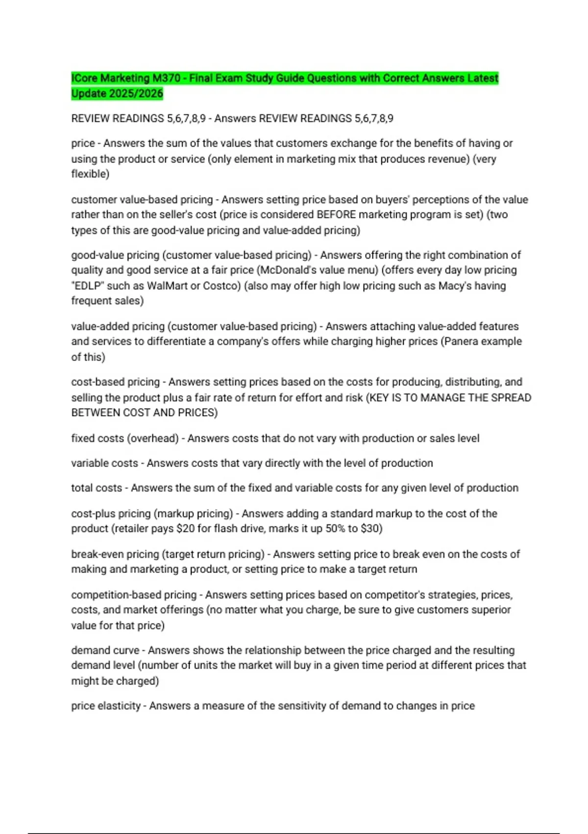 ICore Marketing M370 - Final Exam Study Guide Questions with Correct ...