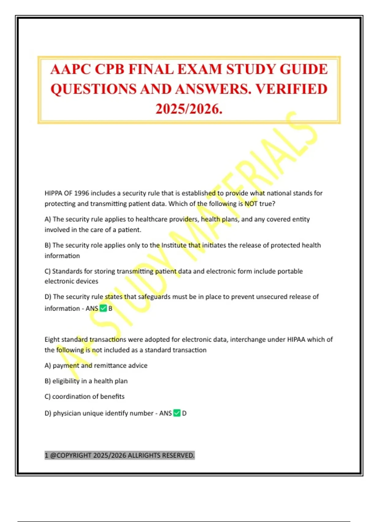 AAPC CPB FINAL EXAM STUDY GUIDE QUESTIONS AND ANSWERS. VERIFIED 2025/ ...