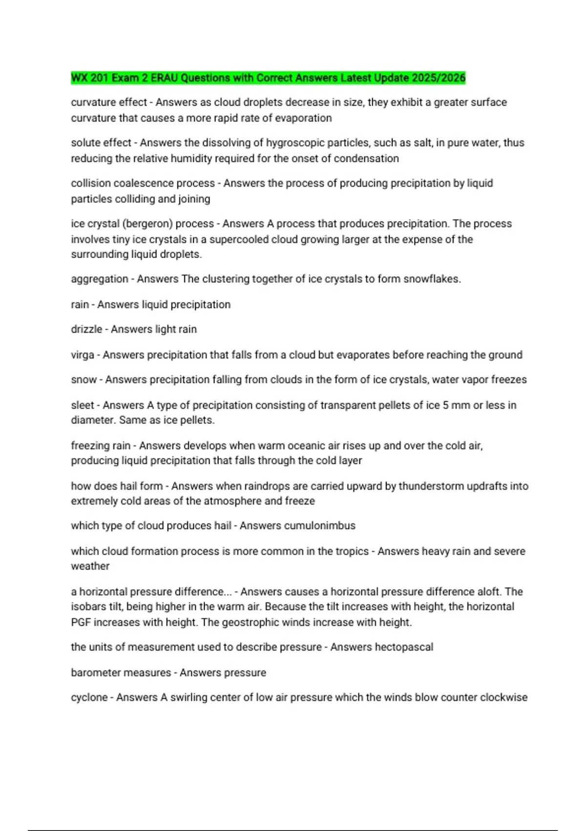 WX 201 Exam 2 ERAU Questions with Correct Answers Latest Update 2025/ ...