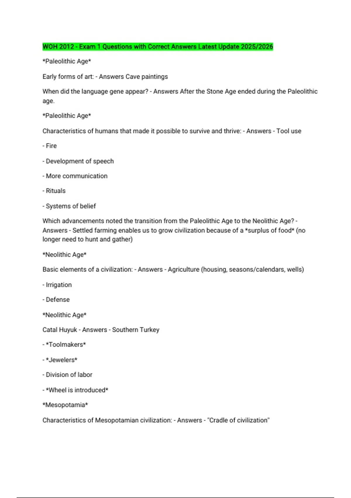 WOH 2012 - Exam 1 Questions with Correct Answers Latest Update 2025/ ...