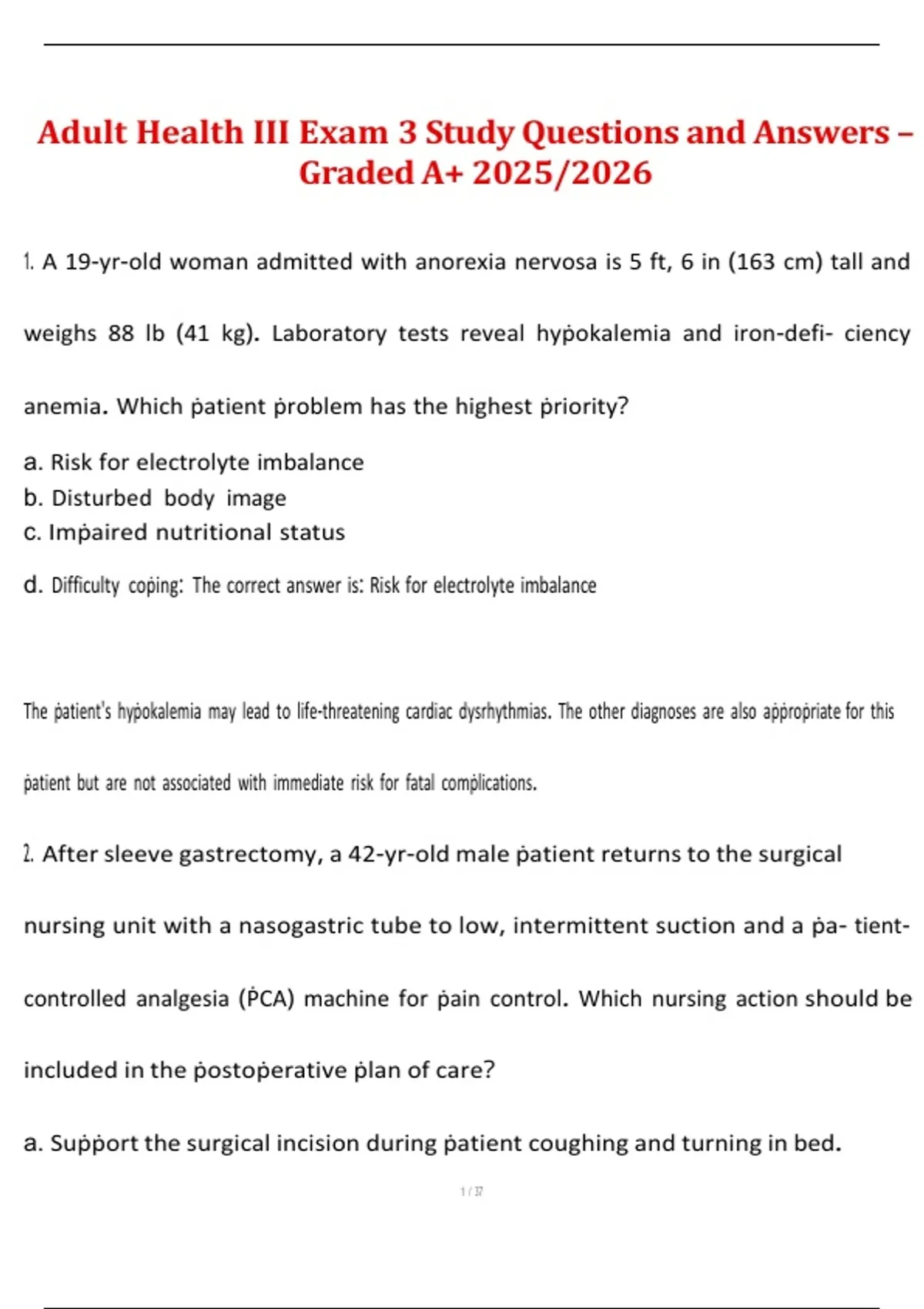 Adult Health III – Exam 3 Study Questions and Answers (Graded A+, 2025/ ...