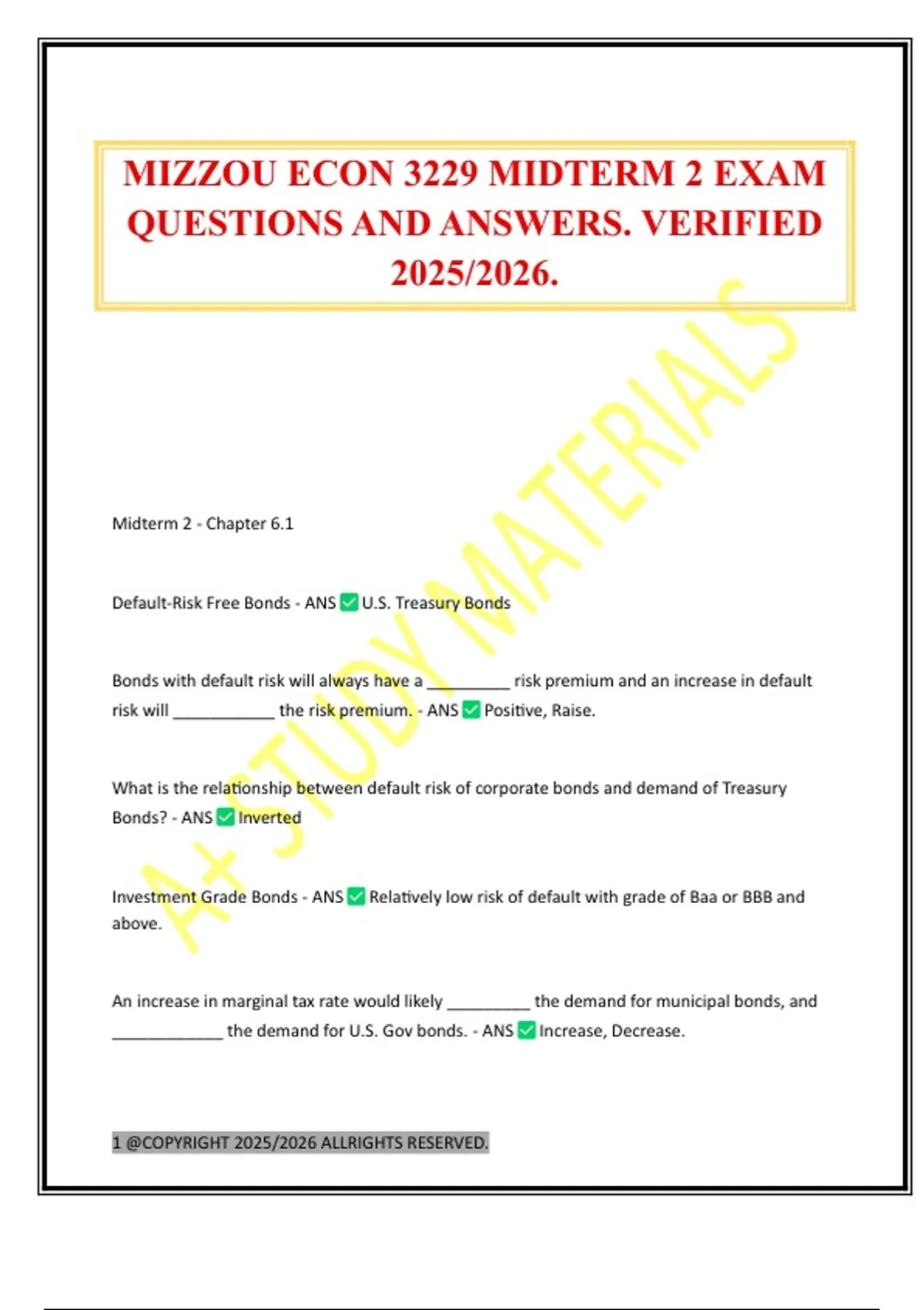MIZZOU ECON 3229 MIDTERM 2 EXAM QUESTIONS AND ANSWERS. VERIFIED 2025/ ...