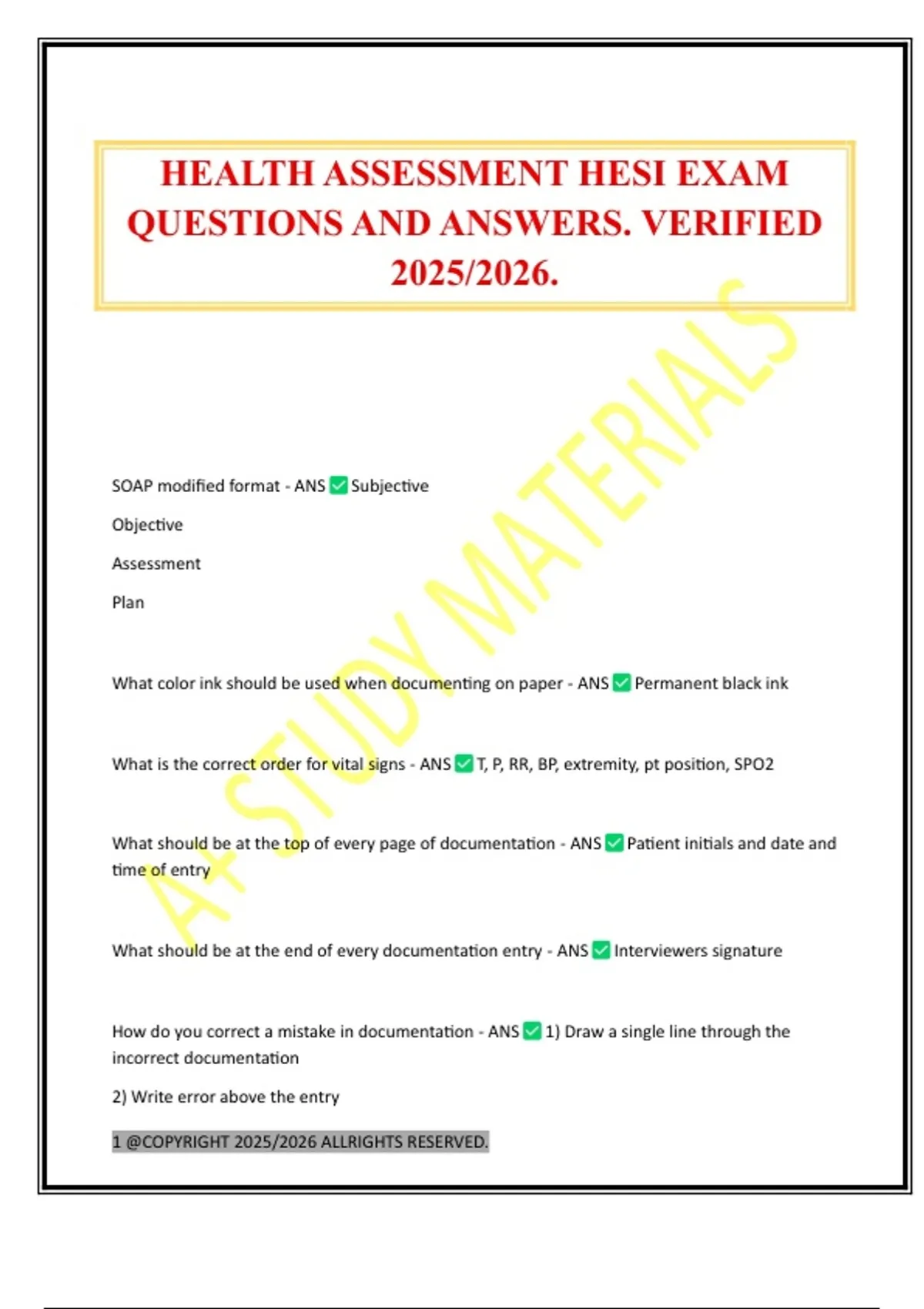 HEALTH ASSESSMENT HESI EXAM QUESTIONS AND ANSWERS. VERIFIED 2025/2026 ...
