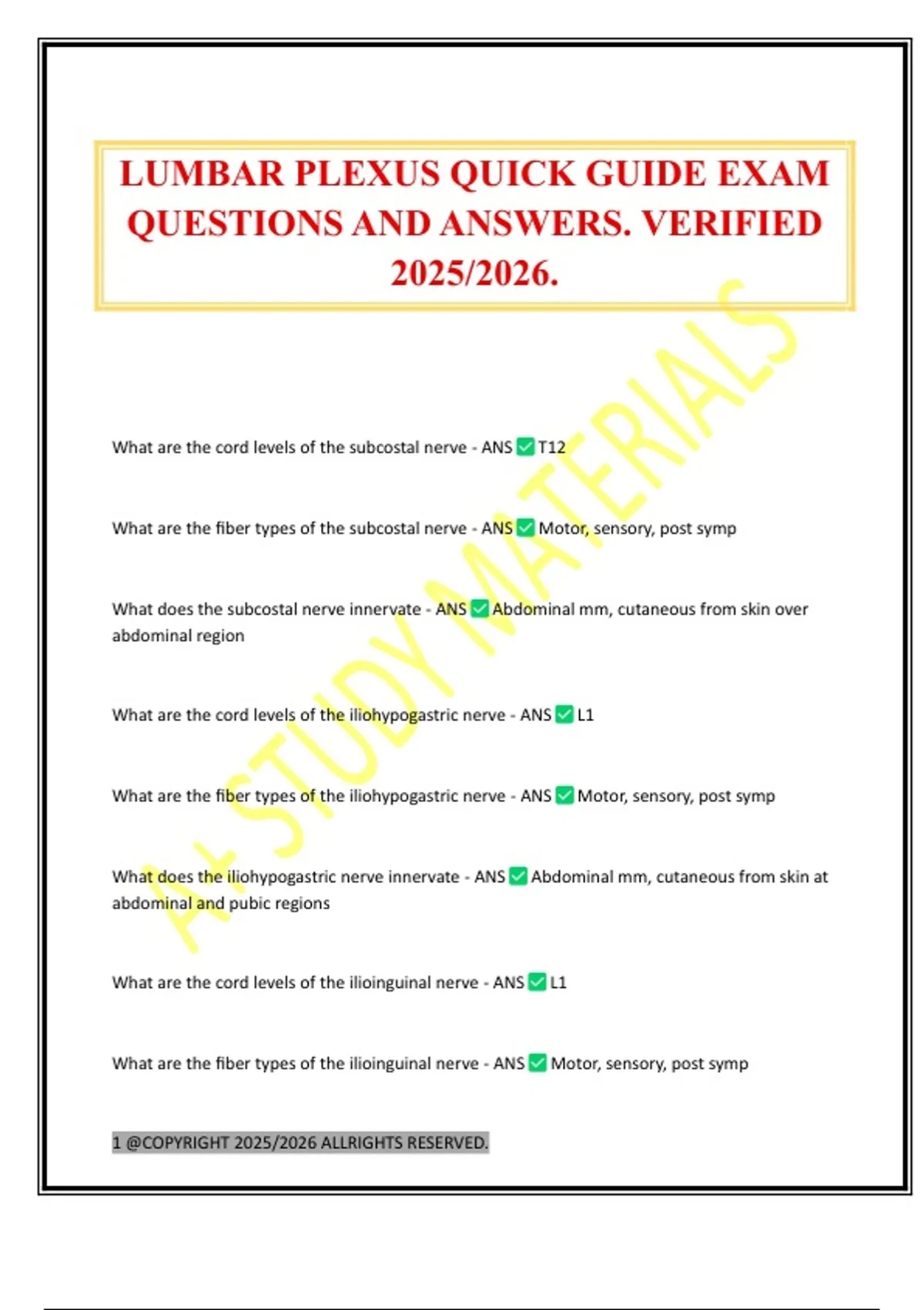 LUMBAR PLEXUS QUICK GUIDE EXAM QUESTIONS AND ANSWERS. VERIFIED 2025/ ...