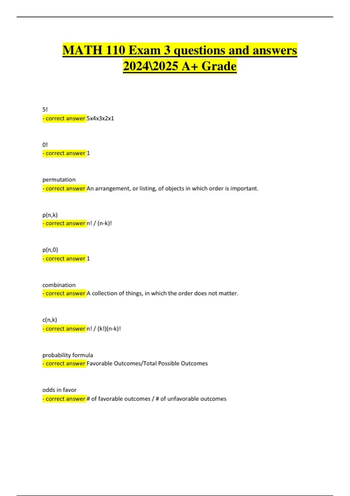 Math 110 Exam 3 Practice | Verified Questions & Correct Detailed ...