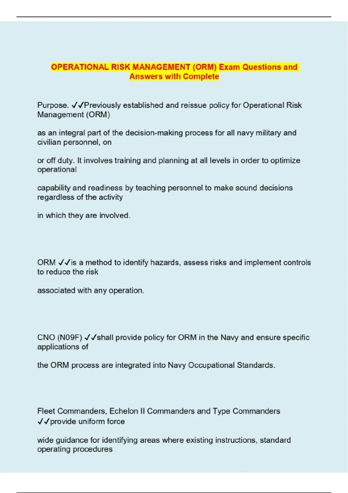 Core Om Risk Questions OPERATIONAL RISK MANAGEMENT (ORM) Exam Questions and Answers with ...