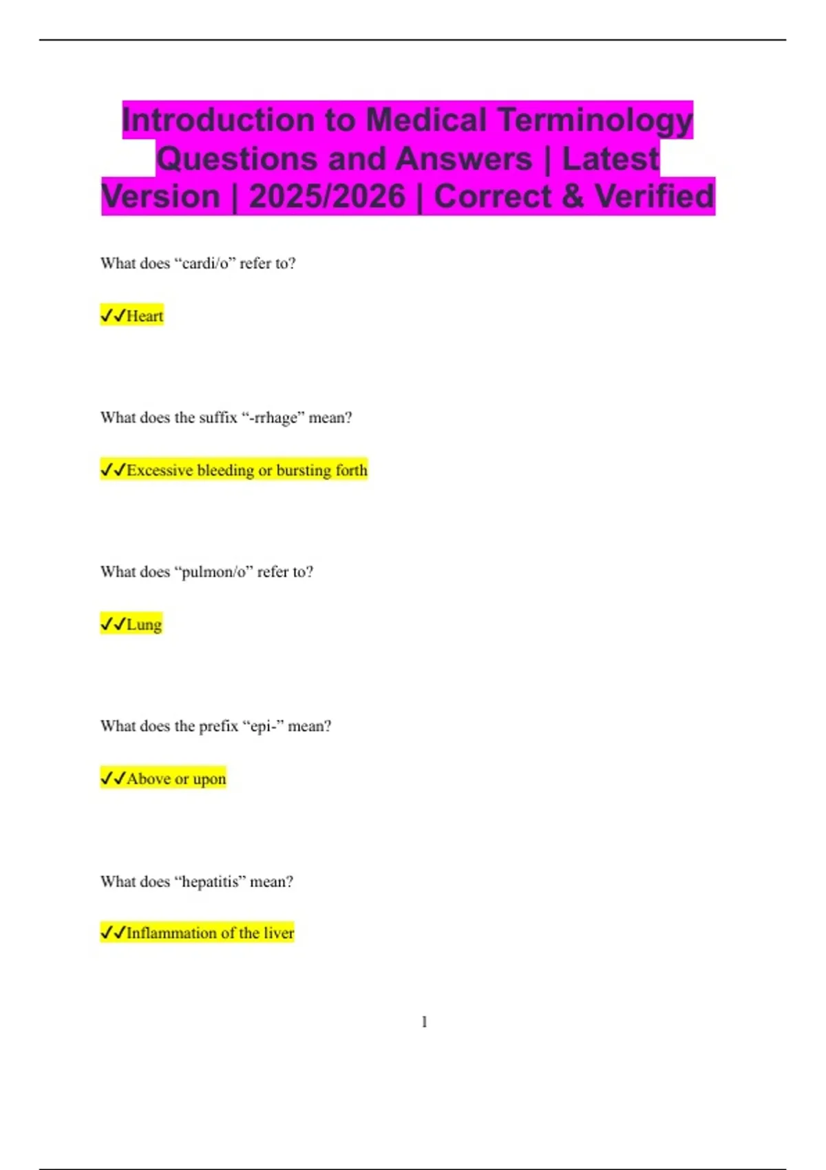 Introduction to Medical Terminology Questions and Answers | Latest ...