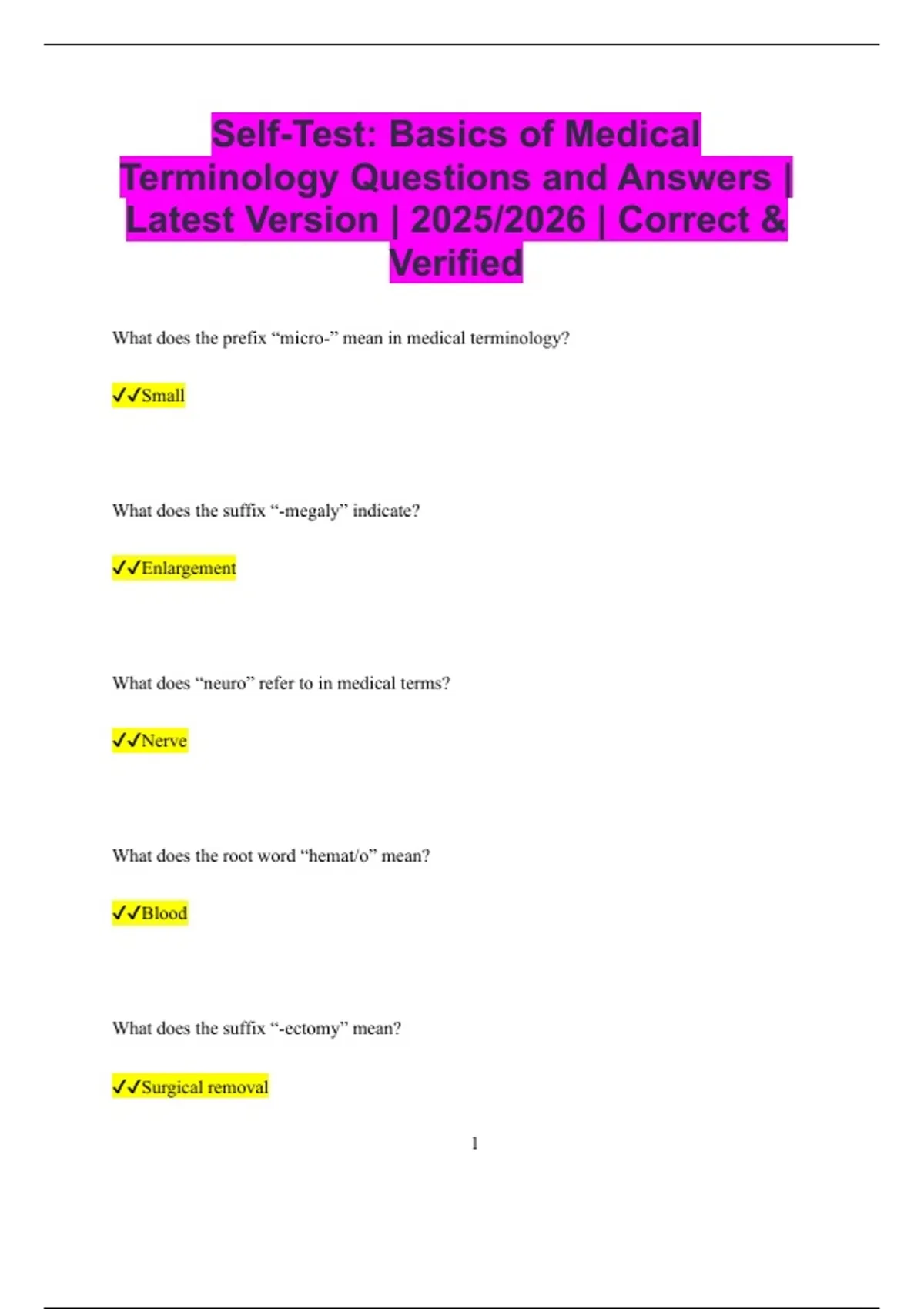 Self-Test: Basics of Medical Terminology Questions and Answers | Latest ...