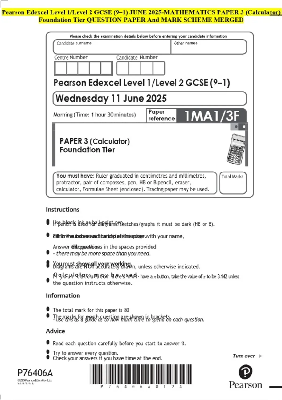 Pearson Edexcel Level 1/Level 2 GCSE (9–1) JUNE 2025-МАТНЕMATICS PAPER ...