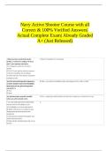 Navy Active Shooter Course with all Correct & 100&percnt; Verified Answers&vert; Actual Complete Exam&vert; Already Graded A&plus; &lpar;Just Released&rpar; 
