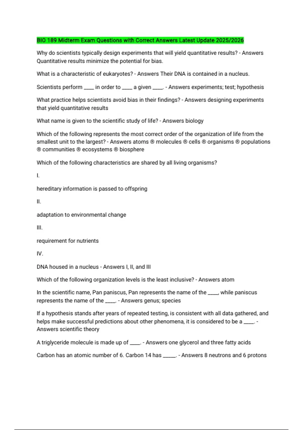 BIO 189 Midterm Exam Questions with Correct Answers Latest Update 2025/ ...