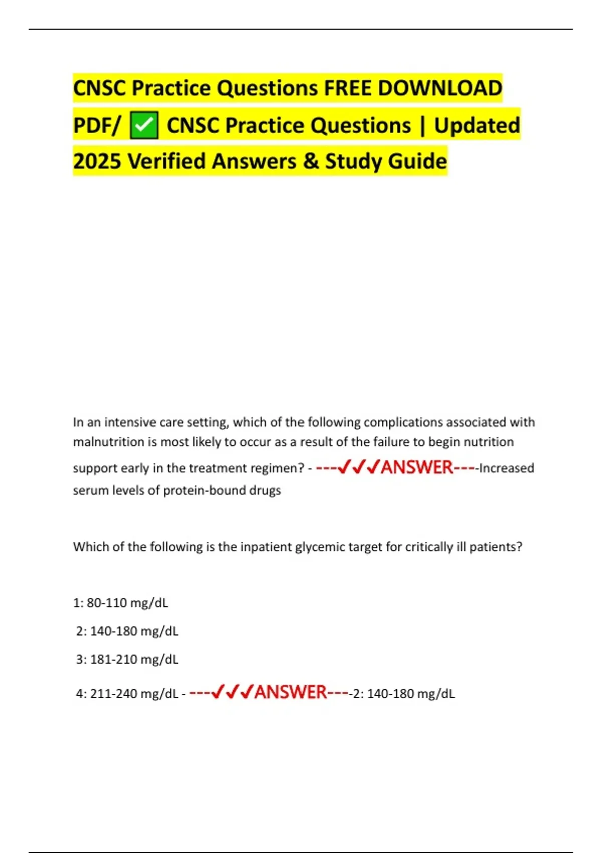 CNSC Practice Questions FREE DOWNLOAD PDF/ CNSC Practice Questions ...