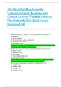 AK Metal Building Assembly  Contractor Exam Questions And  Correct Answers &lpar;Verified Answers&rpar;  Plus Rationale2026 Q&A&vert; Instant  Download Pdf 