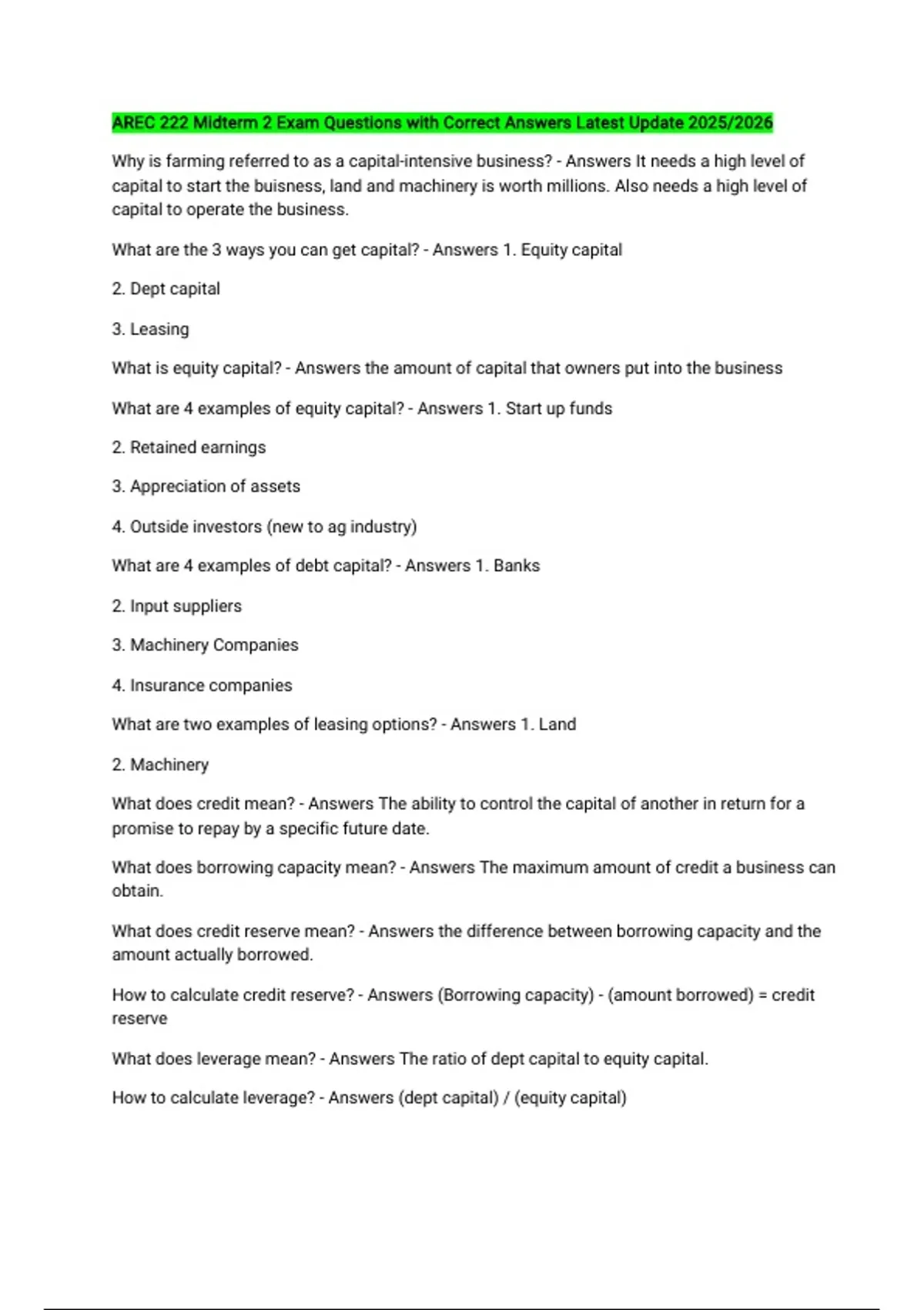 AREC 222 BUNDLED QUESTIONS WITH CORRECT ANSWERS LATEST UPDATE 2025/2026 ...