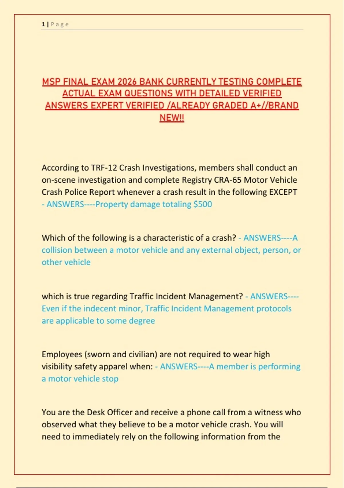 MSP Final Exam 2026 Test Bank – Massachusetts State Police Academy Comprehensive Review: Crash ...