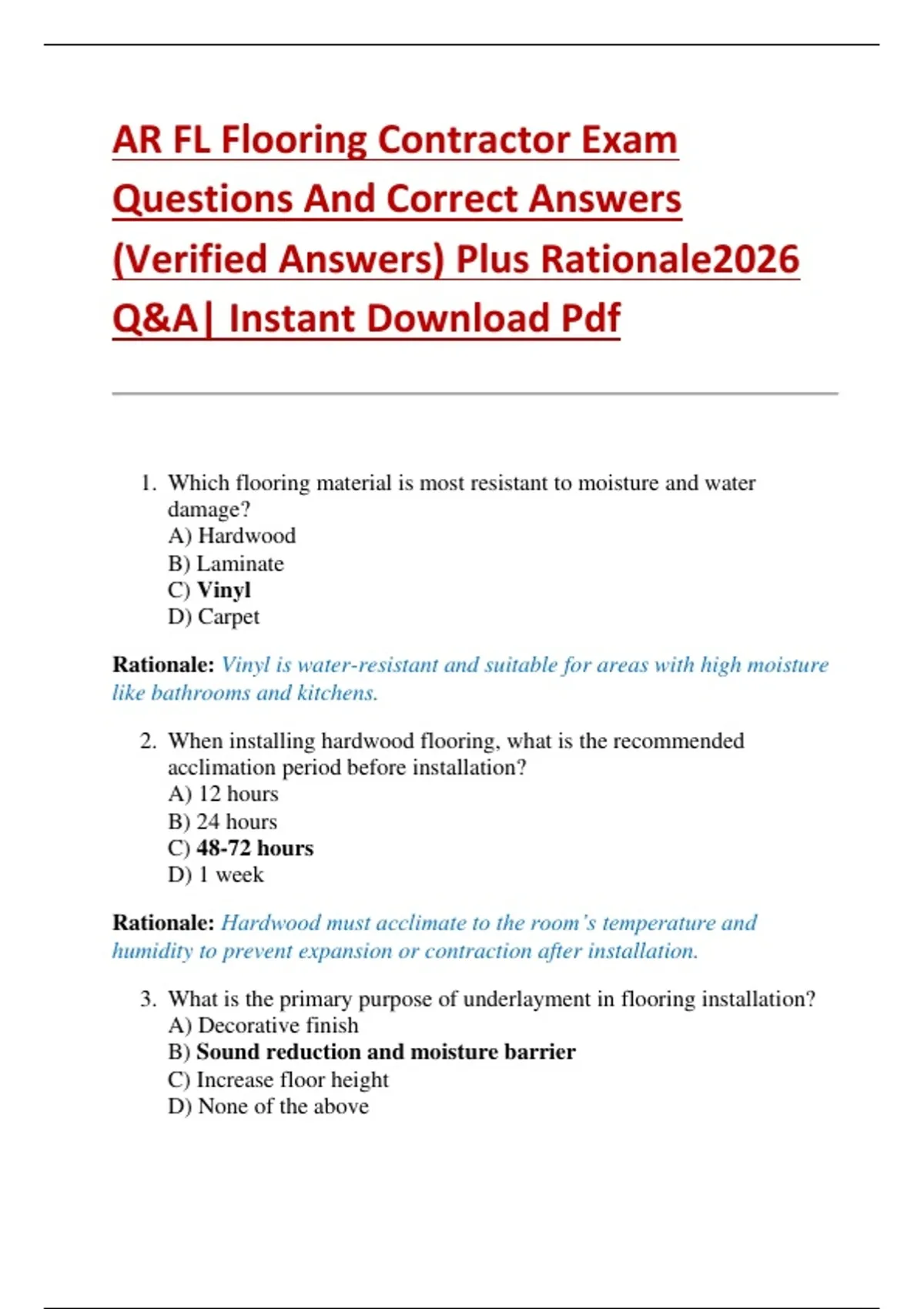 AR FL Flooring Contractor Exam Questions And Correct Answers (Verified ...