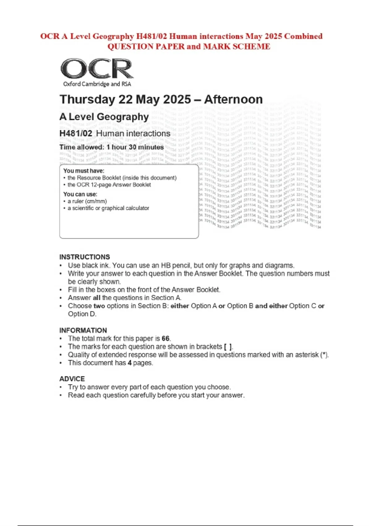 OCR A Level Geography H481/02 Human interactions May 2025 Combined ...