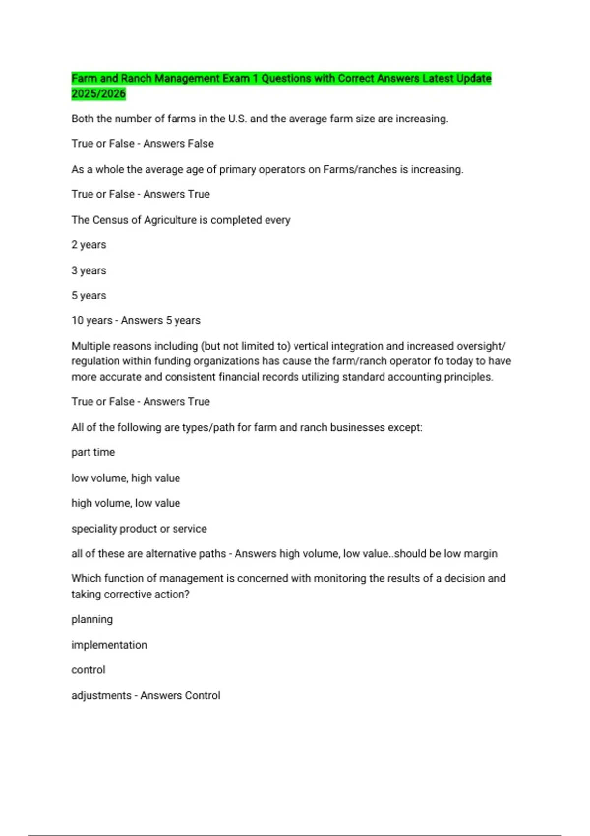 Farm and Ranch Management Exam 1 Questions with Correct Answers Latest ...