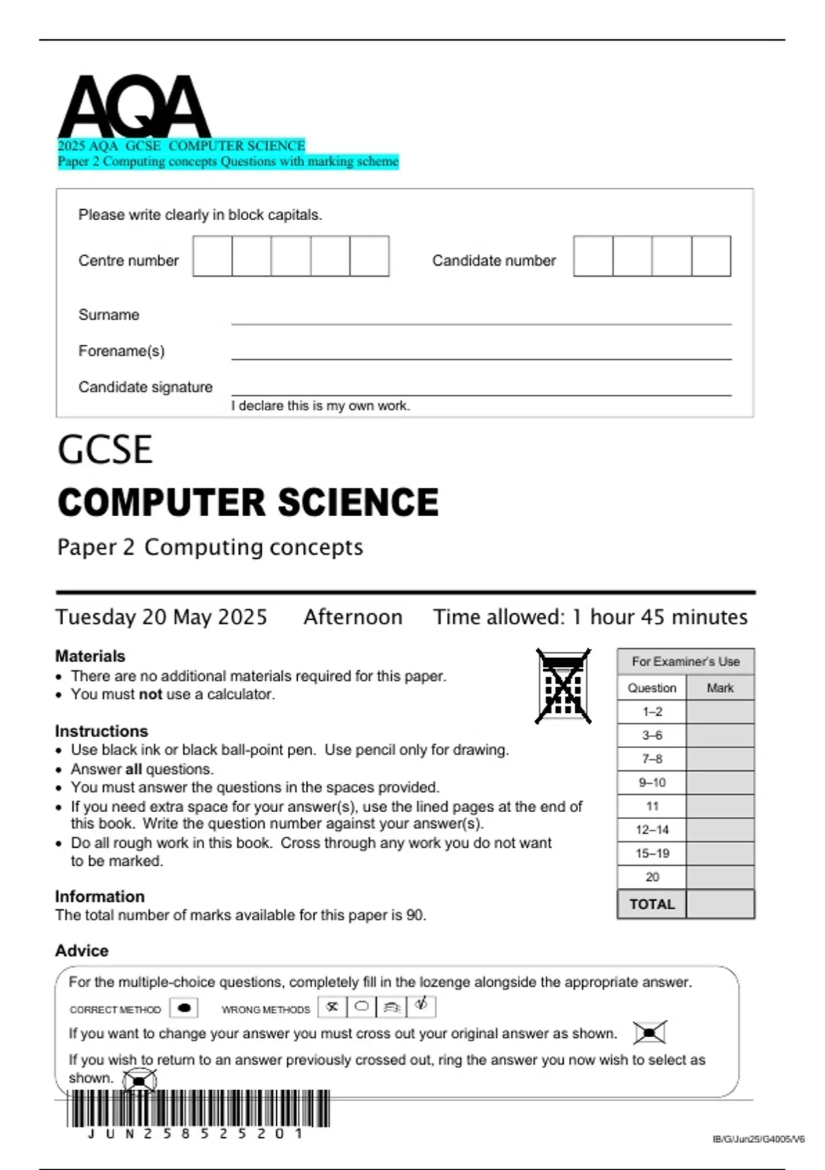 2025 AQA GCSE COMPUTER SCIENCE Paper 2 Computing concepts Questions ...