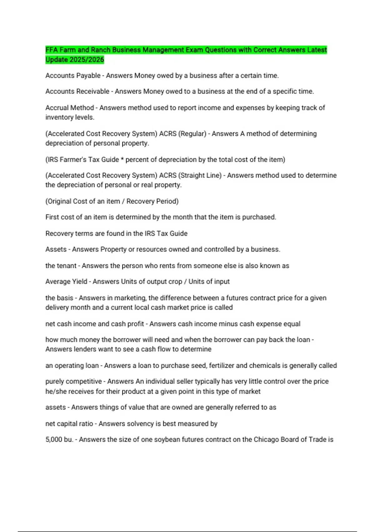 FFA Farm and Ranch Business Management Exam Questions with Correct Answers Latest Update 2025/ ...