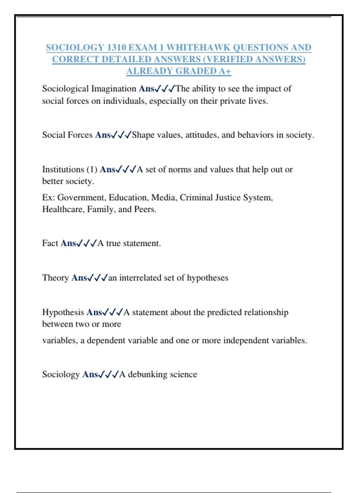 SOCIOLOGY 1310 EXAM 1 WHITEHAWK QUESTIONS AND CORRECT DETAILED ANSWERS ...
