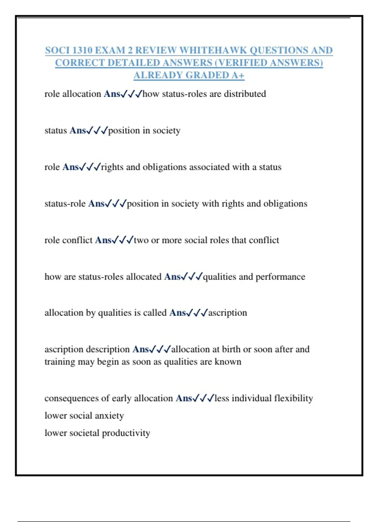 SOCI 1310 EXAM 2 REVIEW WHITEHAWK QUESTIONS AND CORRECT DETAILED ...