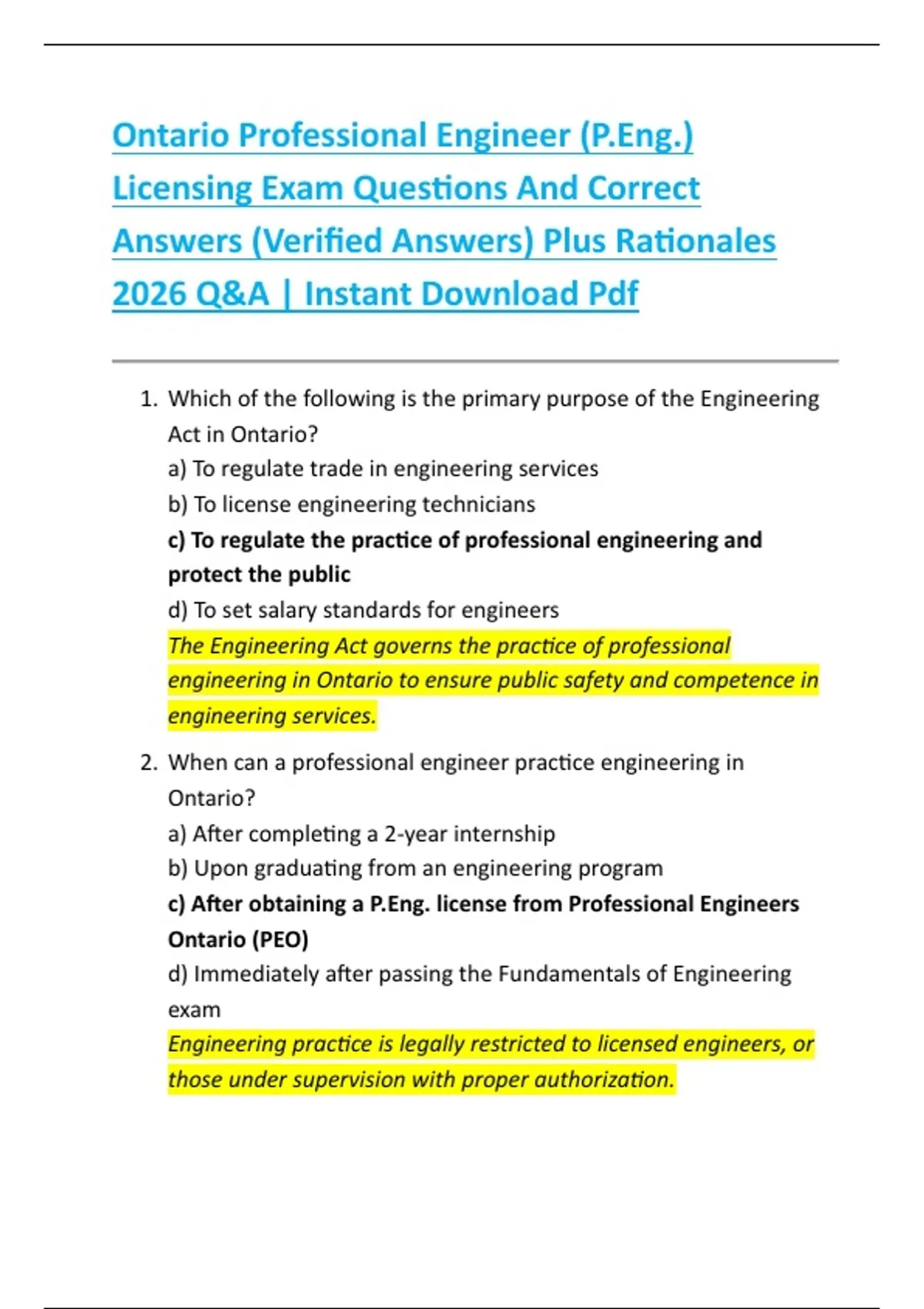 Professional Engineer Questions Ontario Professional Engineer (P.Eng.) Licensing Exam Questions And ...