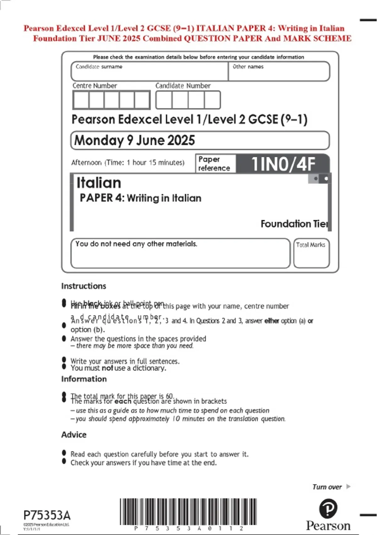 Pearson Edexcel Level 1/Level 2 GCSE (9–1) ITALIAN PAPER 4: Writing in ...